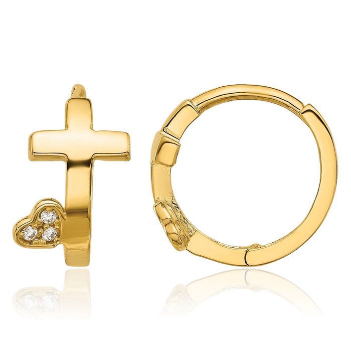 14K Solid Yellow Gold Holy Cross Cubic Zirconia CZ Heart Huggie Small Hoop Drop Dangle Christian Religious Earrings