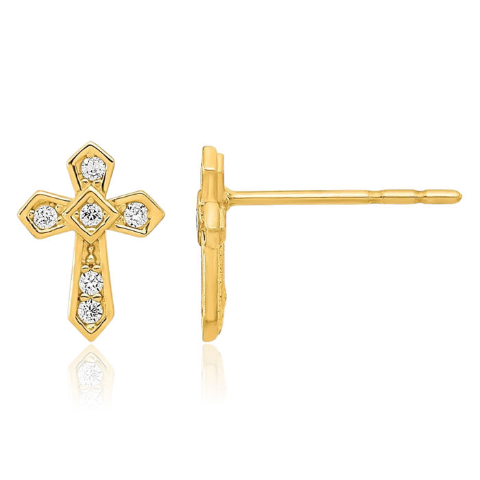 14K Solid Yellow Gold Holy Cross Cubic Zirconia CZ Stud Drop Dangle Christian Religious Earrings