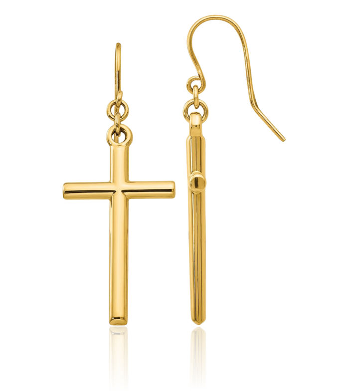 14K Solid Yellow Gold Holy Cross Christian Religious Drop Dangle Earrings