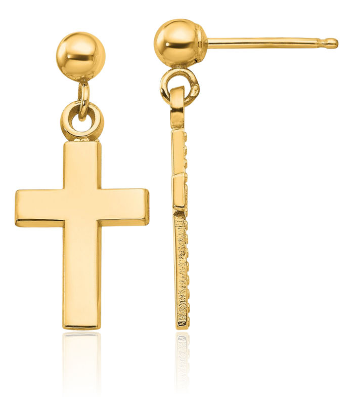 14K Solid Yellow Gold Holy Cross Christian Religious Drop Dangle Earrings