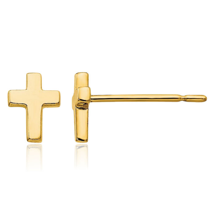 14K Solid Yellow Gold Holy Cross Drop Dangle Christian Religious Stud Earrings