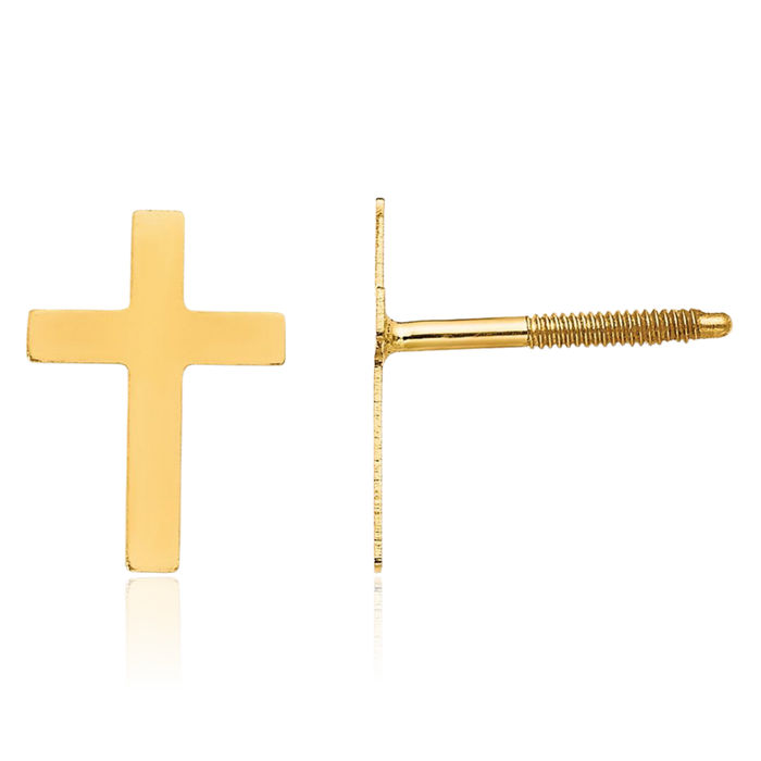 14K Solid Yellow Gold Holy Cross Drop Dangle Christian Religious Stud Earrings