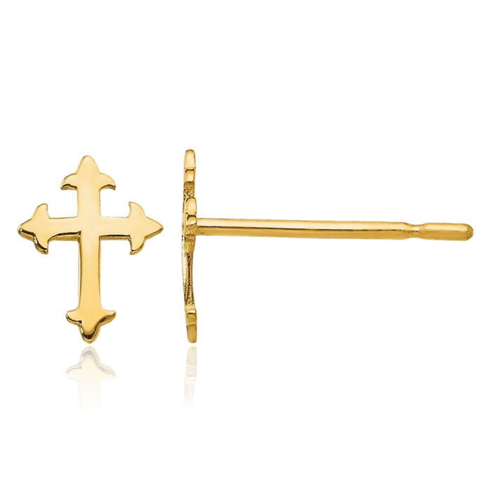 14K Solid Yellow Gold Holy Cross Drop Dangle Christian Religious Stud Earrings