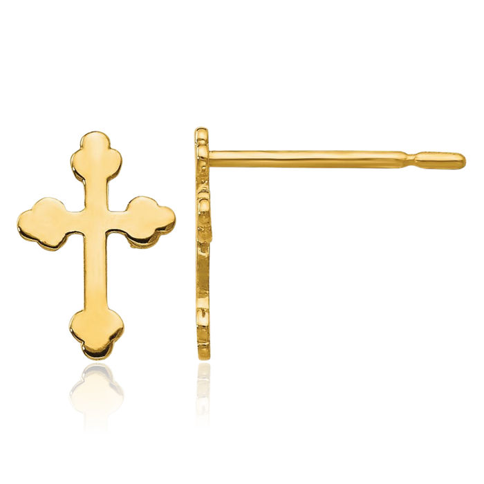 14K Solid Yellow Gold Holy Cross Drop Dangle Christian Religious Stud Earrings