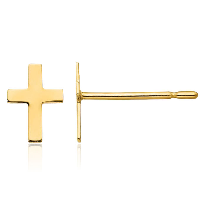 14K Solid Yellow Gold Holy Cross Drop Dangle Christian Religious Stud Earrings