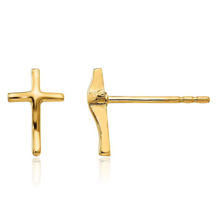 14K Solid Yellow Gold Holy Cross Drop Dangle Christian Religious Stud Earrings