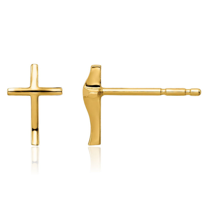 14K Solid Yellow Gold Holy Cross Drop Dangle Christian Religious Stud Earrings