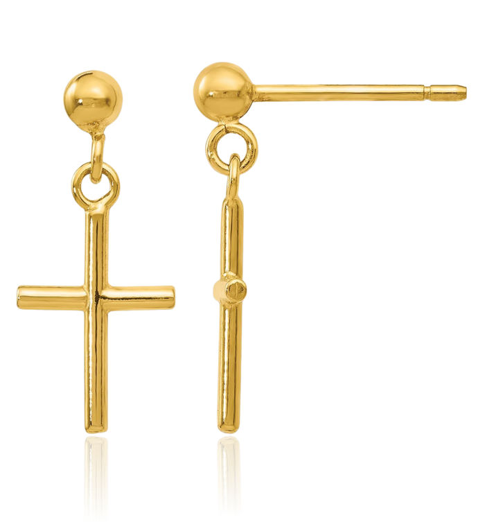 14K Solid Yellow Gold Holy Cross Post Christian Religious Drop Dangle Earrings