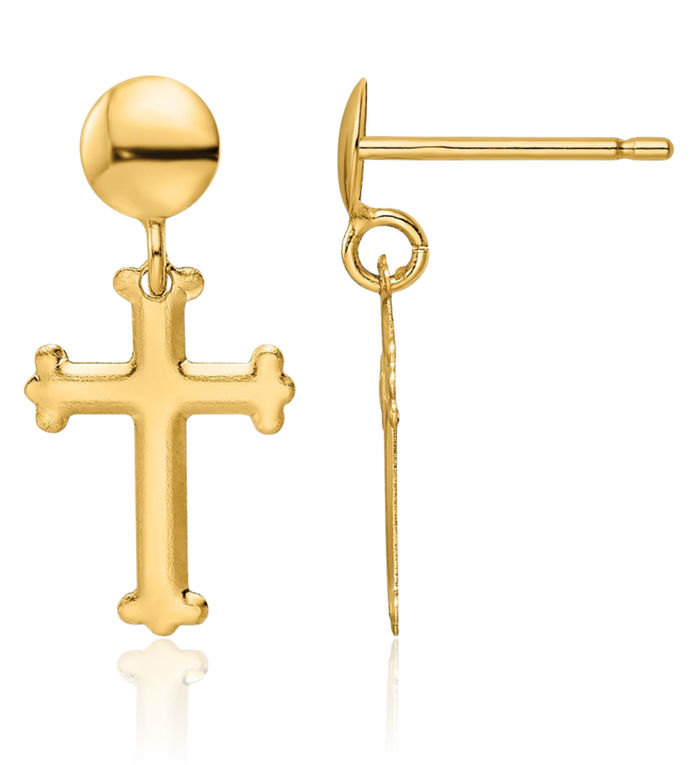 14K Solid Yellow Gold Holy Cross Post Christian Religious Drop Dangle Earrings