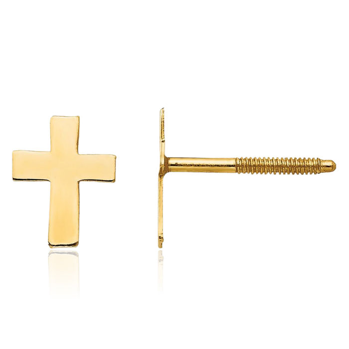 14K Solid Yellow Gold Holy Cross Silicone Back Drop Dangle Christian Religious Stud Earrings