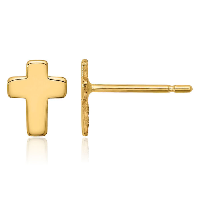 14K Solid Yellow Gold Holy Cross Studs Religious Christian Earrings