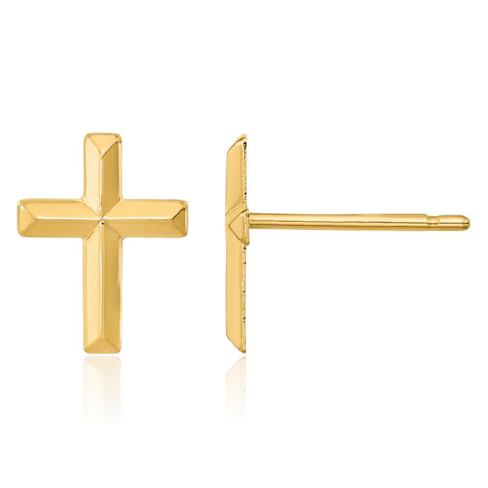 14K Solid Yellow Gold Holy Cross Studs Religious Christian Earrings