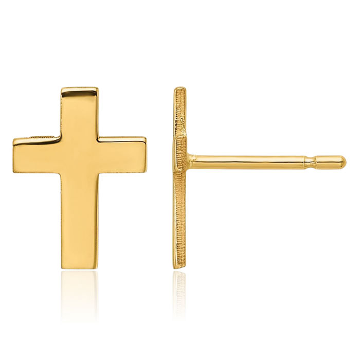 14K Solid Yellow Gold Holy Cross Studs Religious Christian Earrings