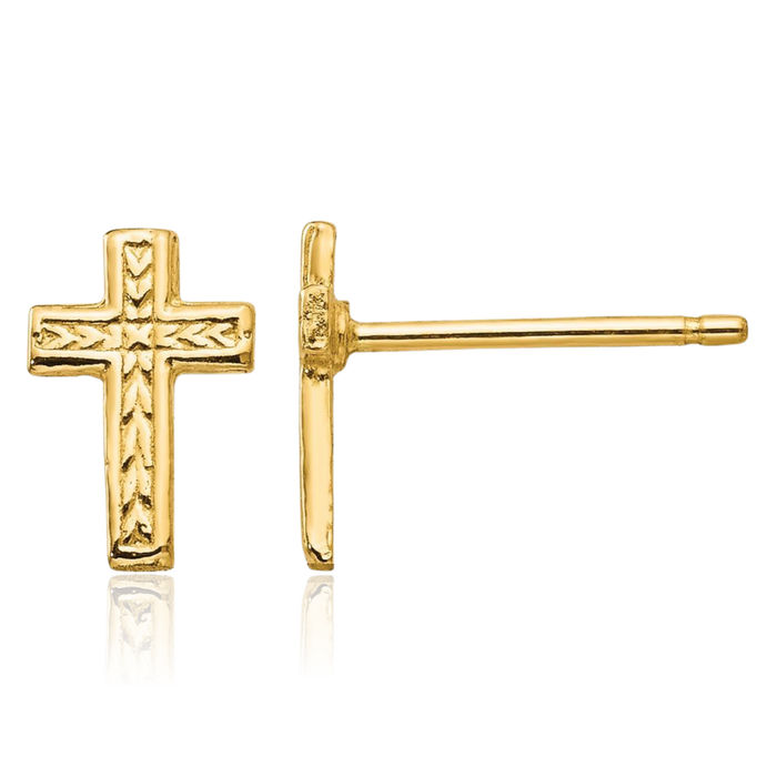 14K Solid Yellow Gold Holy Cross Studs Religious Christian Earrings