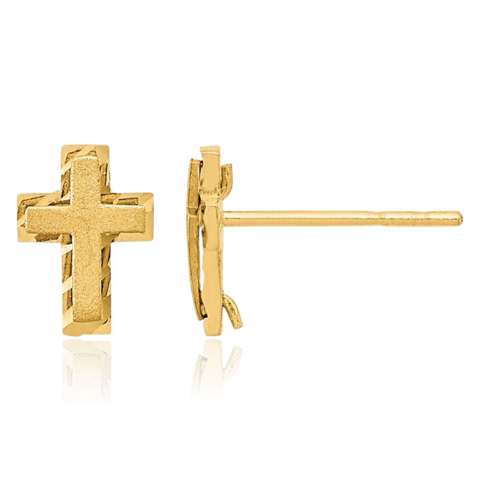 14K Solid Yellow Gold Holy Cross Studs Religious Christian Earrings