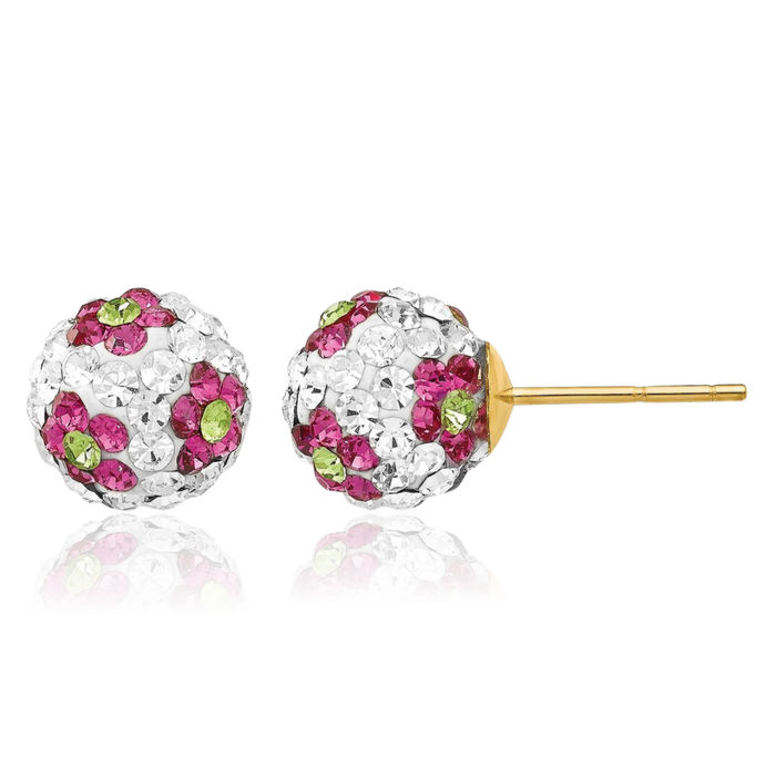 14K Solid Yellow Gold Rhinestone Crystals Pink Flowers 8mm Stud Earrings