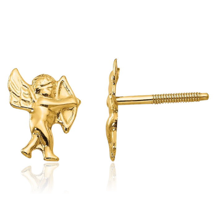 14K Solid Yellow Gold Cupid Screw Back Stud Earrings
