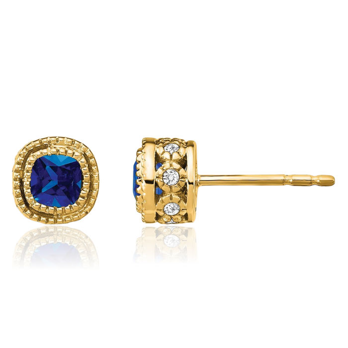 14K Solid Yellow Gold Cushion-Cut Blue Sapphire Diamond Stud Solitaire Earrings September Birthstone Jewelry