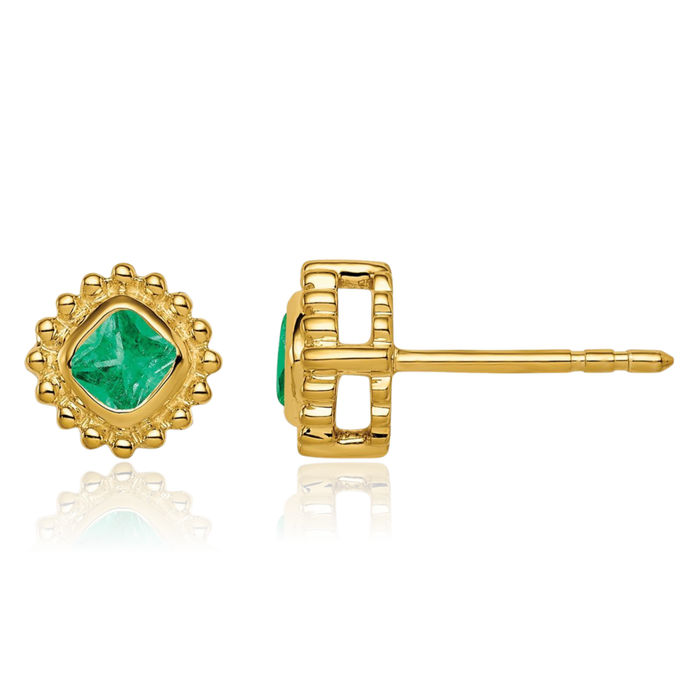 14K Solid Yellow Gold Cushion-Cut Green Emerald Stud Earrings May Birthstone Jewelry