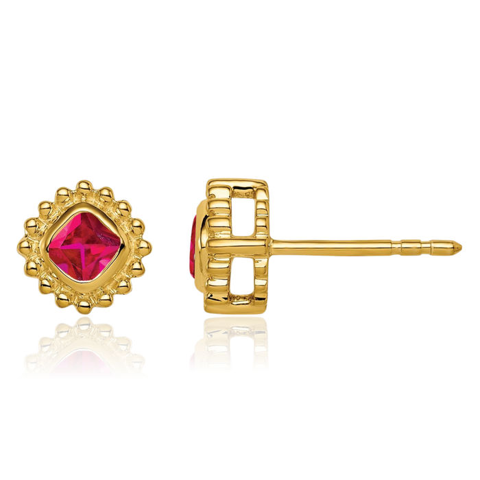 14K Solid Yellow Gold Cushion-Cut Red Ruby Stud Earrings July Birthstone Jewelry