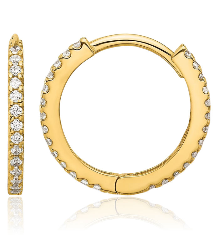 14K Solid Yellow Gold Cubic Zirconia CZ 1.25mm Huggie Round Small Hoop Earrings