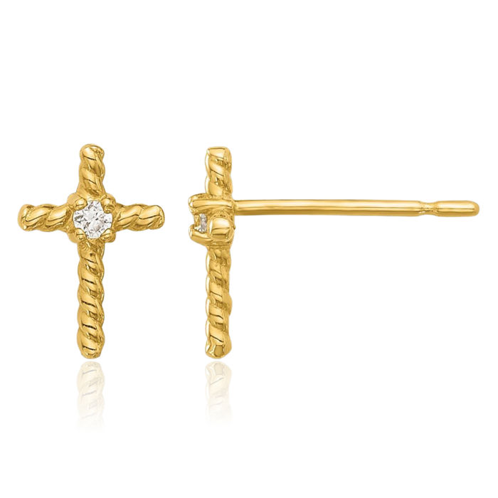 14K Solid Yellow Gold Cubic Zirconia CZ Holy Cross Drop Dangle Christian Religious Stud Earrings