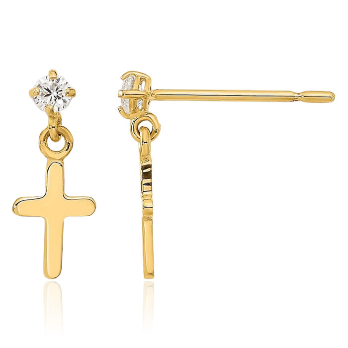 14K Solid Yellow Gold Cubic Zirconia CZ Holy Cross Post Christian Religious Drop Dangle Earrings