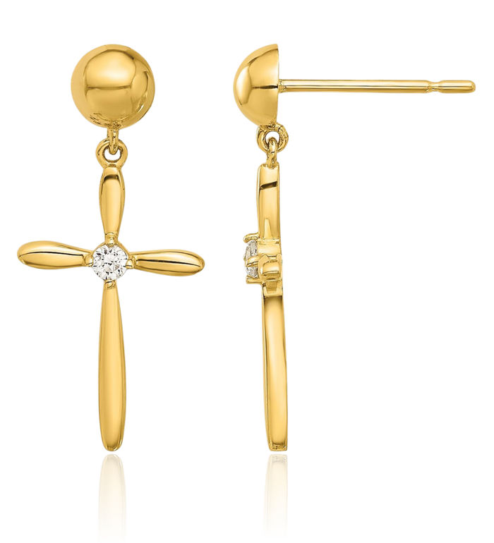 14K Solid Yellow Gold Cubic Zirconia CZ Holy Cross Post Drop Dangle Christian Religious Stud Earrings