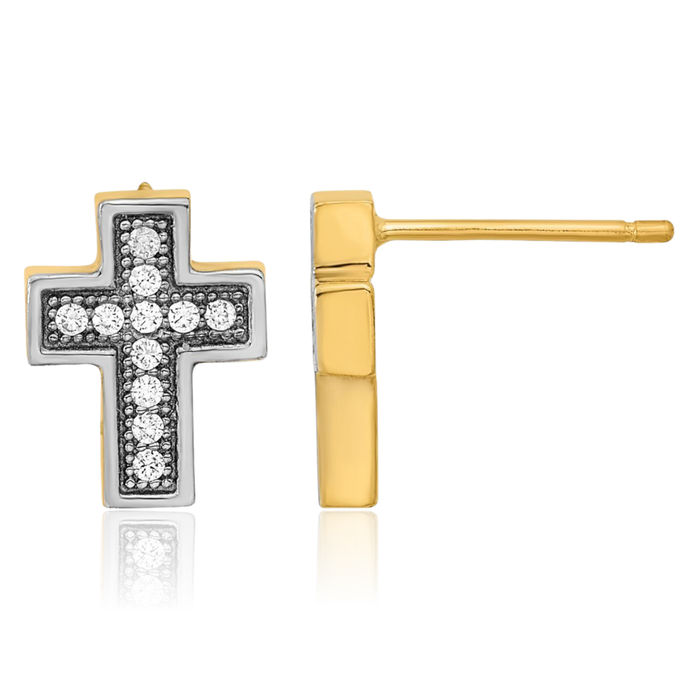 14K Solid Yellow Gold Cubic Zirconia CZ Holy Cross Studs Religious Christian Earrings