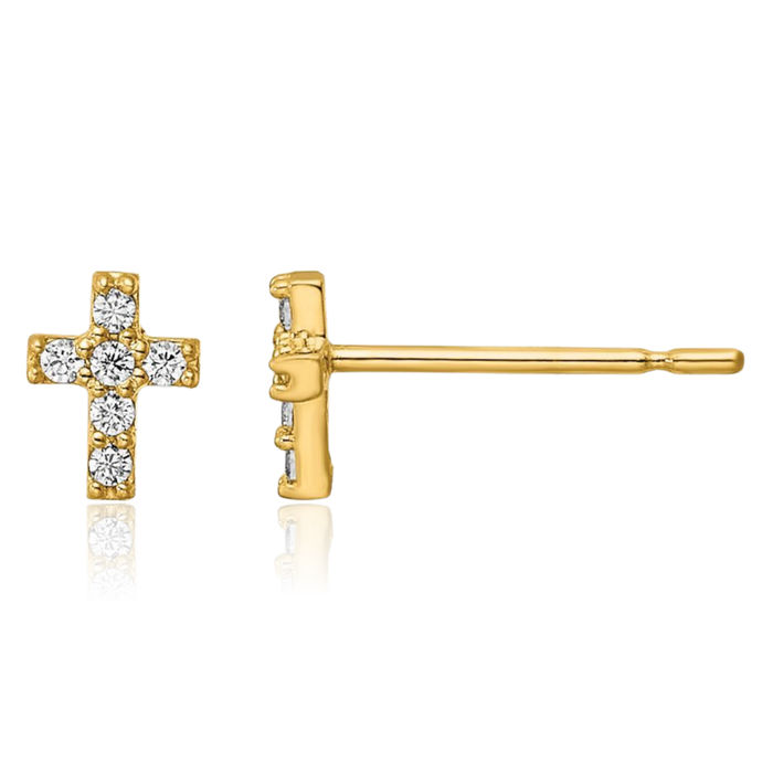 14K Solid Yellow Gold Cubic Zirconia CZ Holy Cross Studs Religious Christian Earrings