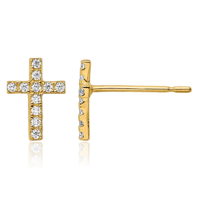 14K Solid Yellow Gold Cubic Zirconia CZ Holy Cross Studs Religious Christian Earrings