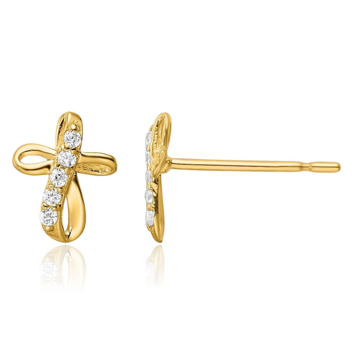 14K Solid Yellow Gold Cubic Zirconia CZ Holy Cross Studs Religious Christian Earrings