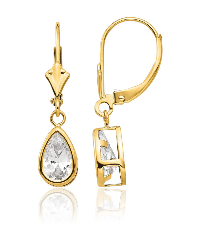 14K Solid Yellow Gold Cubic Zirconia CZ Drop Dangle Earrings Pear Teardrop Gemstone