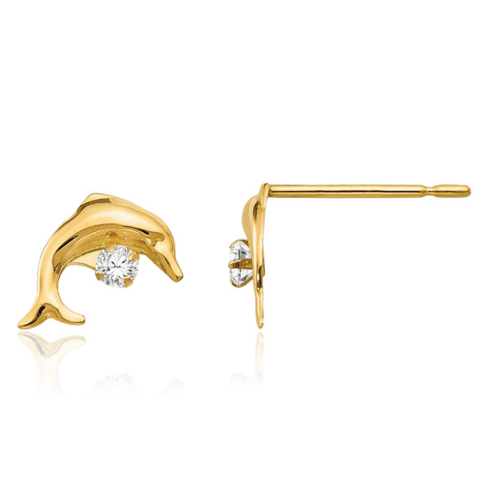 14K Solid Yellow Gold Cubic Zirconia CZ Sea Dolphin Ocean Fish Beach Nautical Stud Earrings