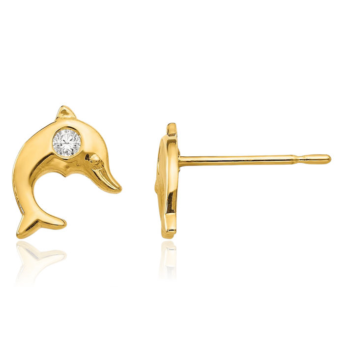 14K Solid Yellow Gold Cubic Zirconia CZ Sea Dolphin Ocean Fish Beach Nautical Stud Earrings