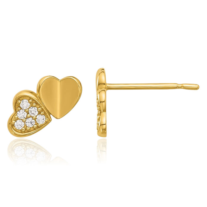 14K Solid Yellow Gold Cubic Zirconia CZ Double Heart Stud Earrings