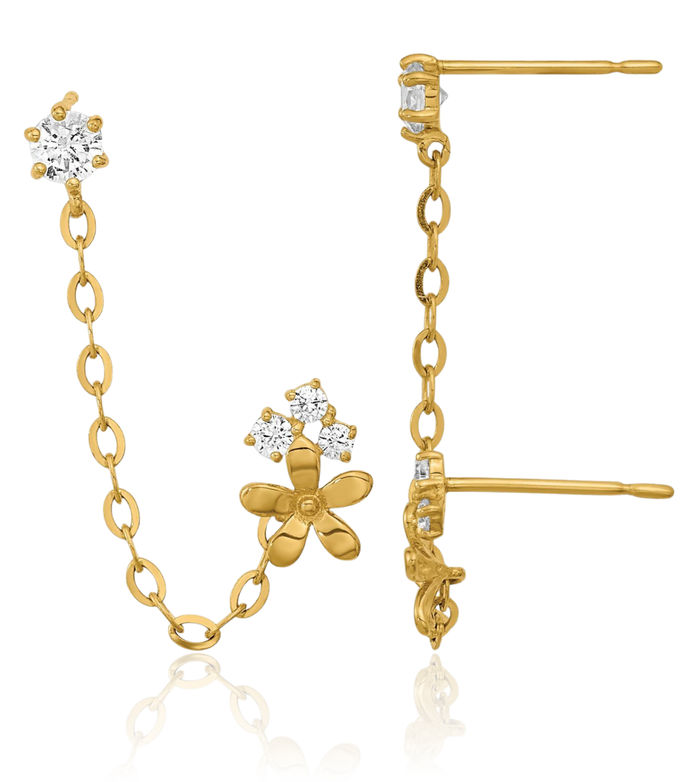 14K Solid Yellow Gold Cubic Zirconia CZ Double Post Chain Flower Earring