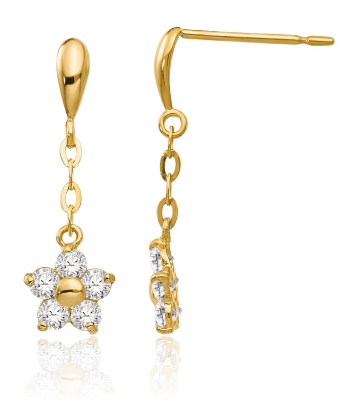 14K Solid Yellow Gold Cubic Zirconia CZ Flower Drop Dangle Earrings