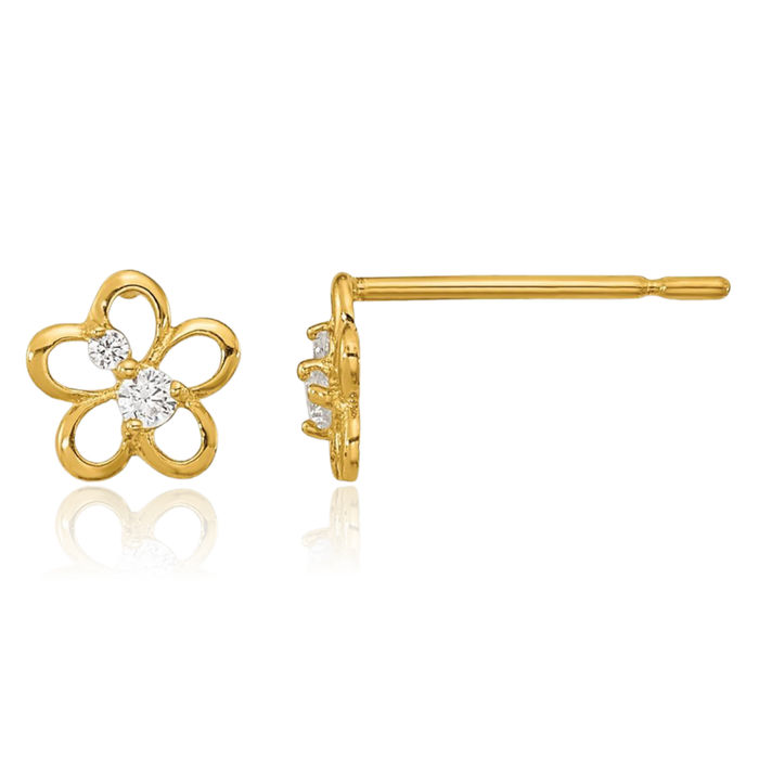 14K Solid Yellow Gold Cubic Zirconia CZ Flower Stud Earrings