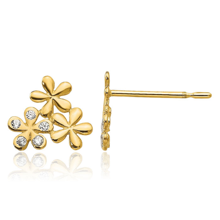 14K Solid Yellow Gold Cubic Zirconia CZ Flower Stud Earrings