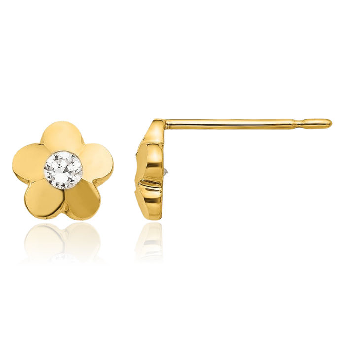 14K Solid Yellow Gold Cubic Zirconia CZ Flower Stud Earrings