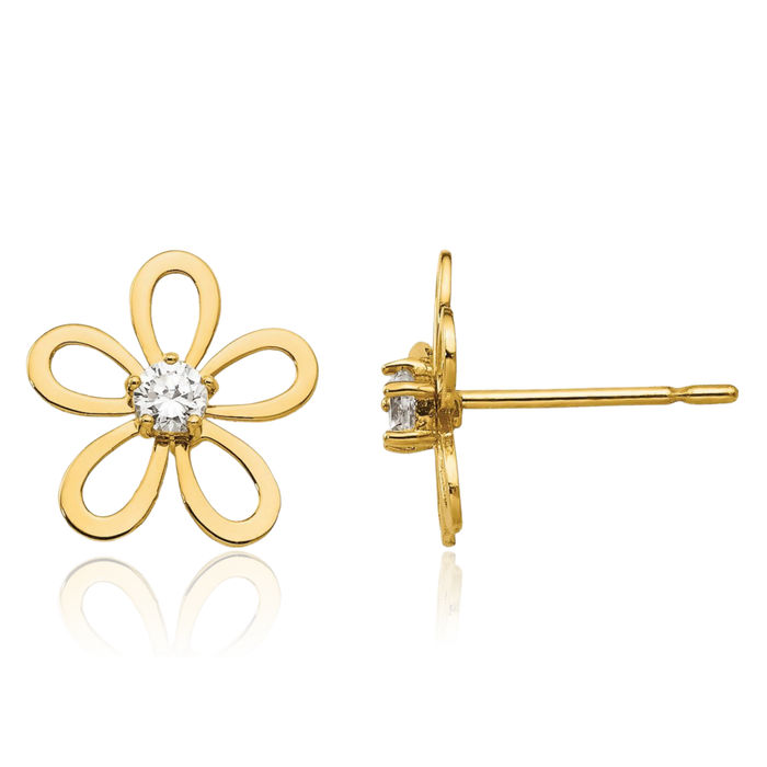 14K Solid Yellow Gold Cubic Zirconia CZ Flower Stud Earrings