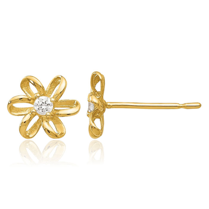 14K Solid Yellow Gold Cubic Zirconia CZ Flower Stud Earrings