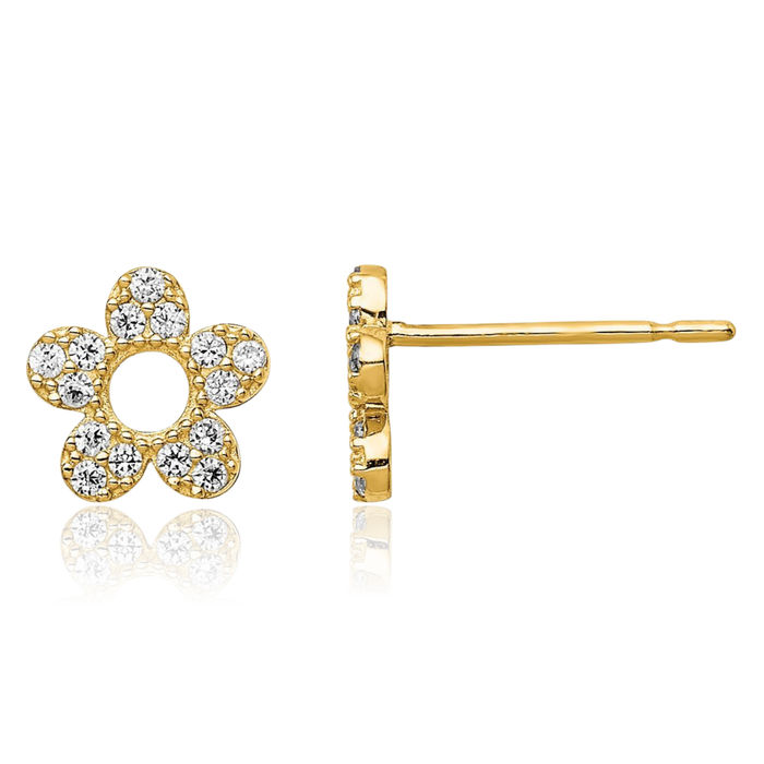 14K Solid Yellow Gold Cubic Zirconia CZ Flower Stud Earrings