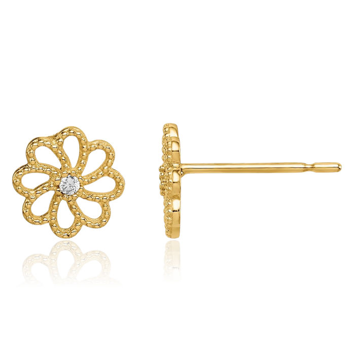 14K Solid Yellow Gold Cubic Zirconia CZ Flower Stud Earrings