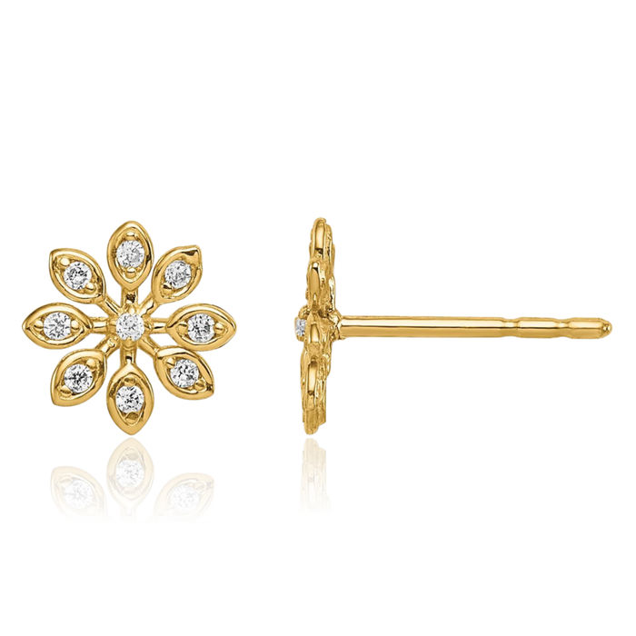 14K Solid Yellow Gold Cubic Zirconia CZ Flower Stud Earrings