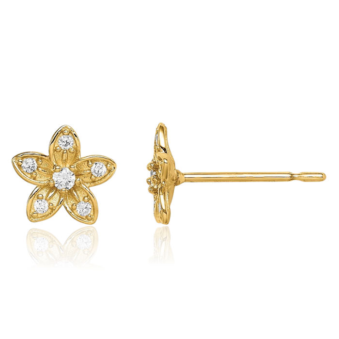 14K Solid Yellow Gold Cubic Zirconia CZ Flower Stud Earrings