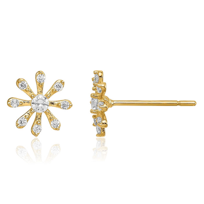 14K Solid Yellow Gold Cubic Zirconia CZ Flower Stud Earrings