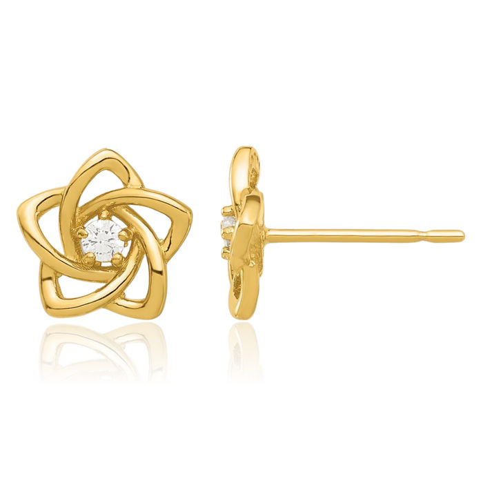 14K Solid Yellow Gold Cubic Zirconia CZ Flower Stud Earrings