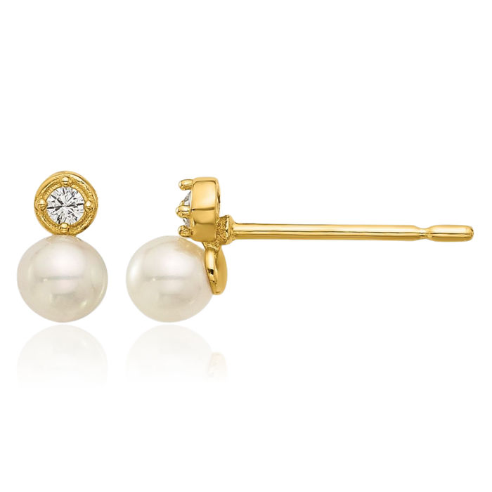 14K Solid Yellow Gold Cubic Zirconia CZ Freshwater Cultured Pearl Stud Earrings